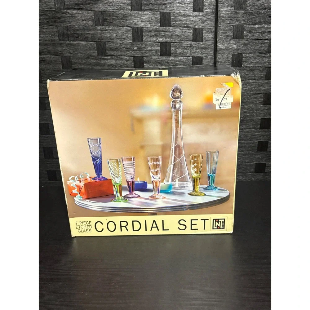 Vintage Etched Glasses 7 Pc Liquor Cordial Set Decanter Stemware Barware